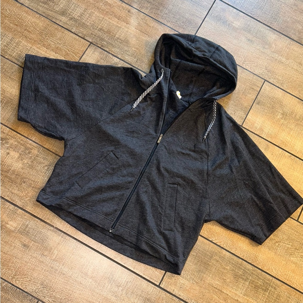 Lucy Athletic Full Zip Casual Grey Zip-Up Short-Sleeve Hoodie Oversized Sz S